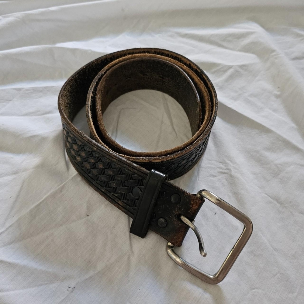 Vintage Braided Patterned Brown Aged Vintage Leat… - image 1